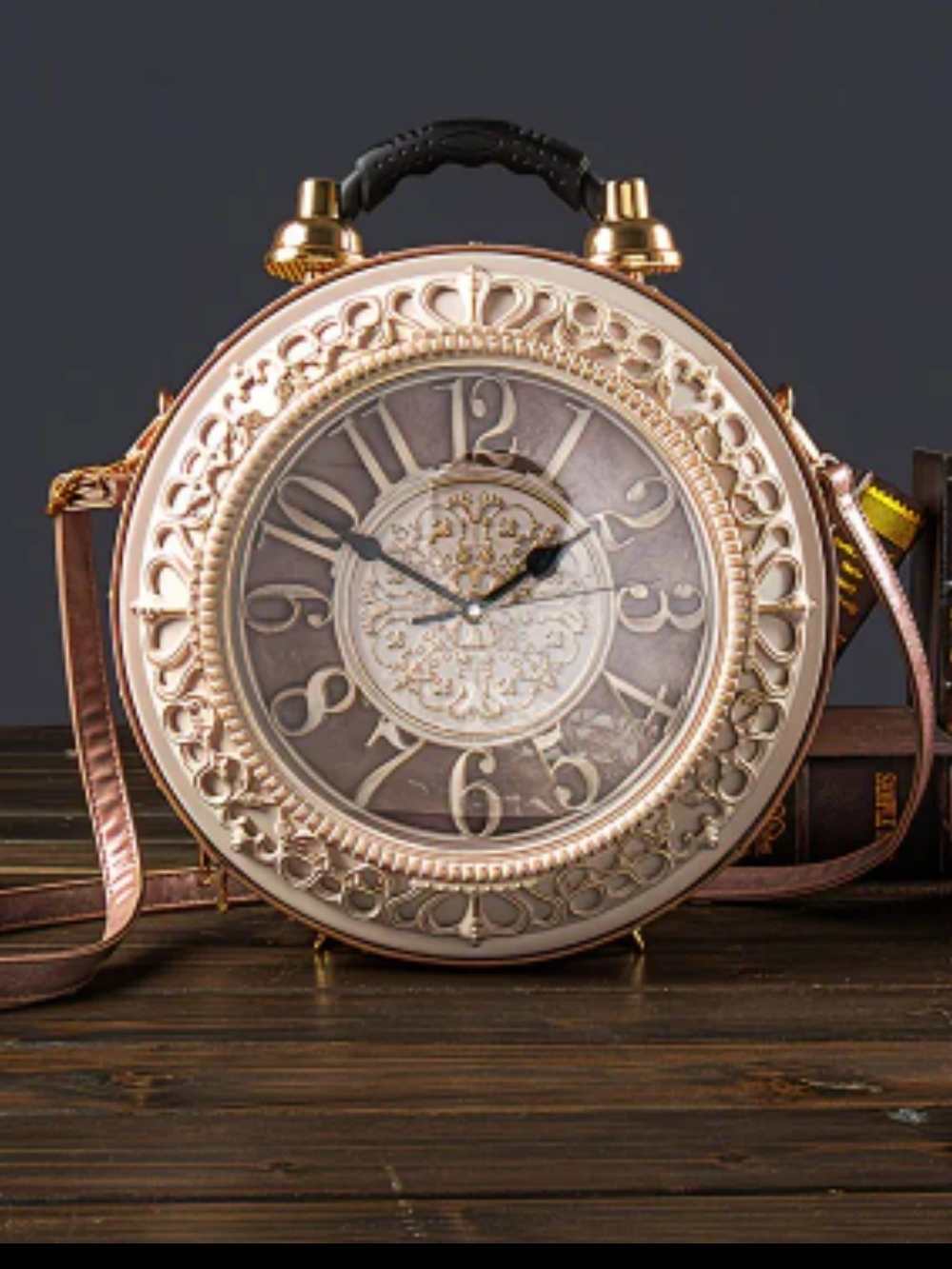 Elegant Round Clock Face Crossbody Bag in Rose Gold. With Actual Working Clock